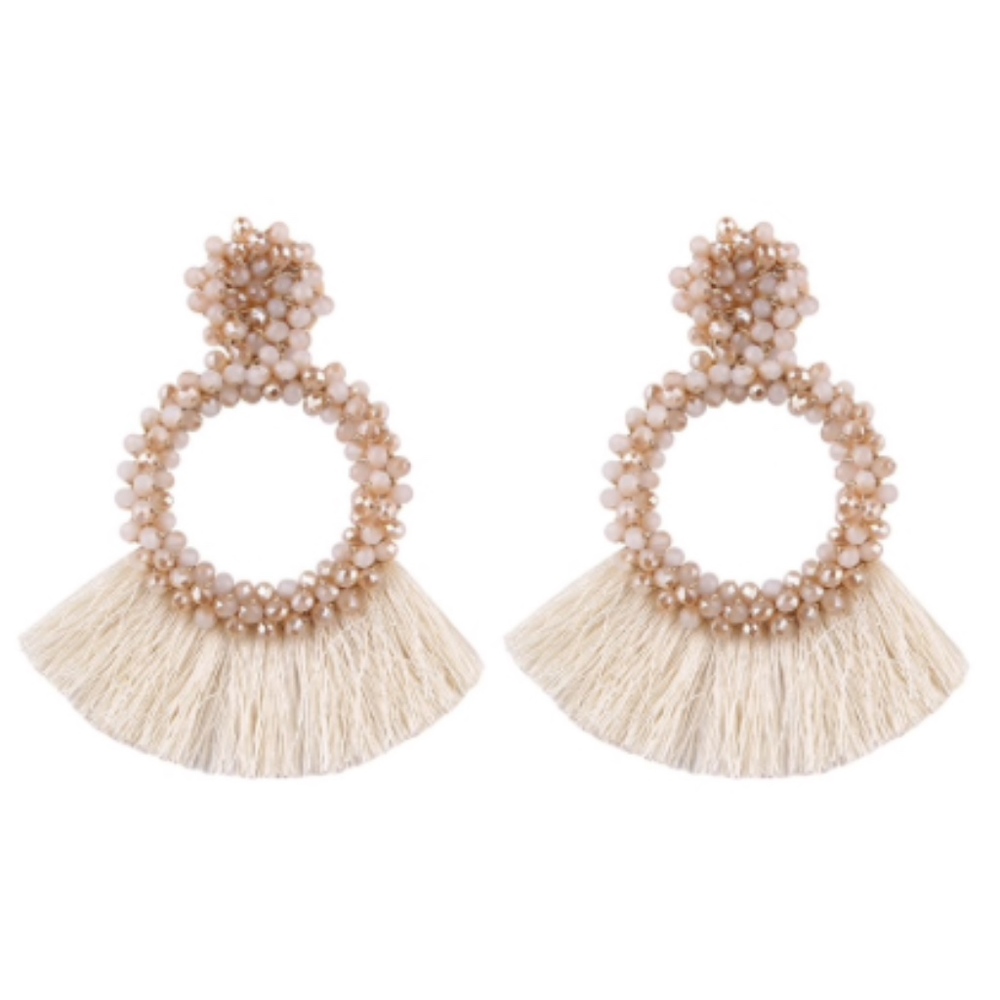 Beaded Hoop Tassel Geometric Statement Earrings - Picture 6 of 6